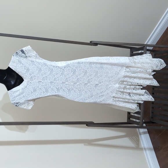 Vintage White Lace Maxi Short Sleeved Dress With Semi Sheer Sleeves - Picture 3 of 13